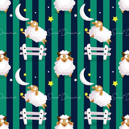 Abstract colorful seamless background with cartoon cute sleepy sheep with moon and stars on colorful striped background. Modern creative illustration for app, website, presentation or design.