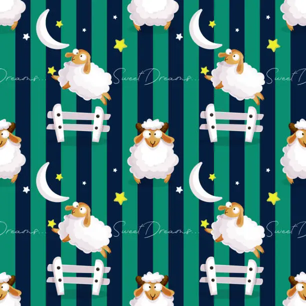 Vector illustration of Abstract colorful seamless background with cartoon cute sleepy sheep with moon and stars on colorful striped background. Modern creative illustration for app, website, presentation or design.