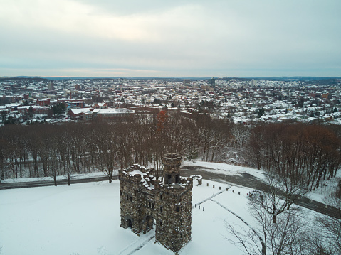 Worcester, Massachusetts, USA - December 4th 2019: Historic Bancroft Tower in winter time.