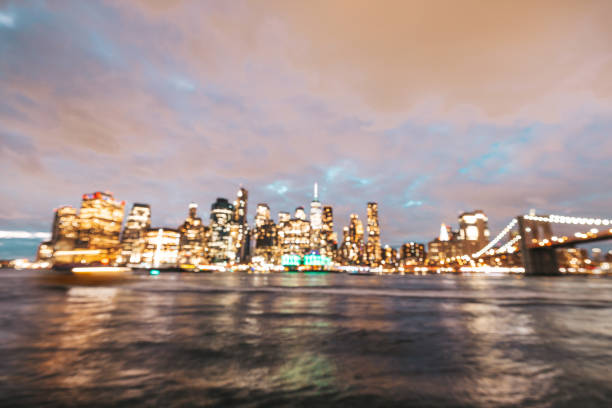 Defocused New York Lower Manhattan skyline at night