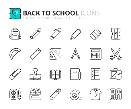 Line icons about back to school. Contains such icons as ruler, pencil, scissors, glue, clip, eraser, marker, paper and backpack. Editable stroke Vector 64x64 pixel perfect