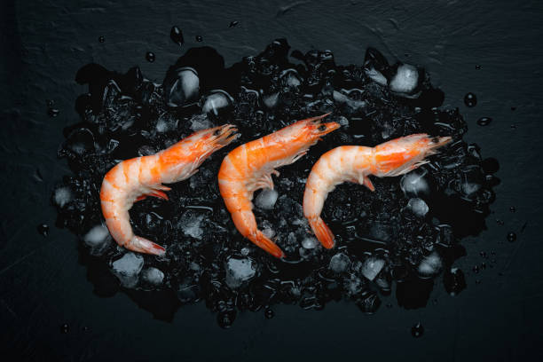 istock Food flat background, shrimp and ice on a black background, top view 1456542436