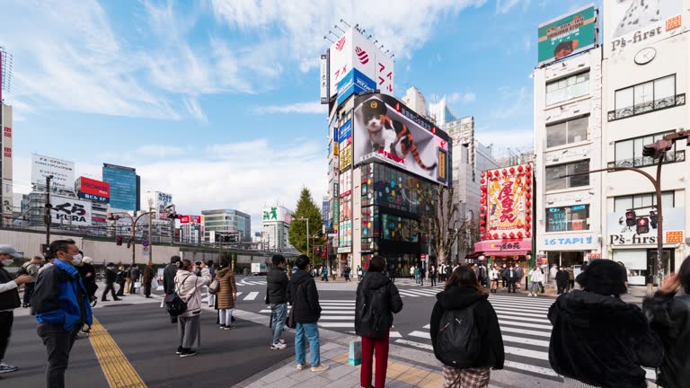 Time lapse of car traffic transportation, crowded people walk cross road in Shinjuku shopping district. Tokyo tourist attraction landmark, Japan tourism, Asia transport or Asian city life concept