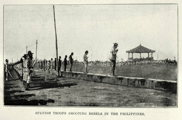 ilustraciones, imágenes clip art, dibujos animados e iconos de stock de ejecución de rebeldes por soldados españoles, pelotón de fusilamiento, revolución filipina, 1897 - firing squad
