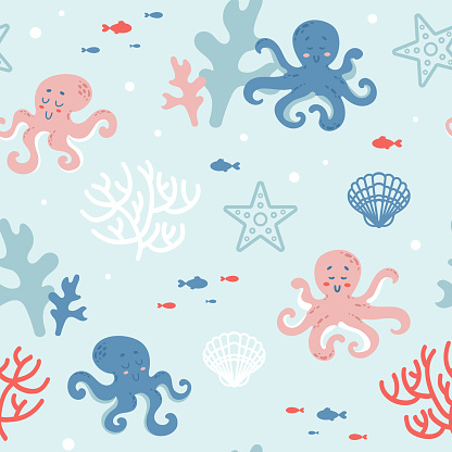 Summer cute marine seamless pattern coral reef with cute octopuses, starfish, algae, shells and fish. ocean dwellers. Cartoon style. For nursery, wallpaper, printing on fabric, wrapping,