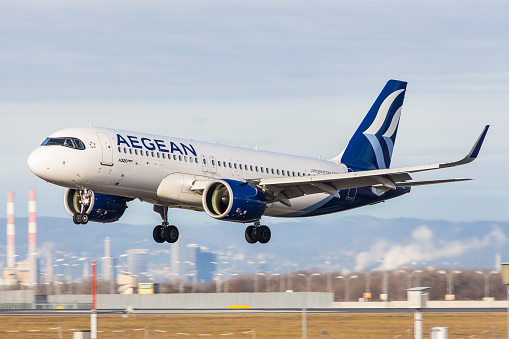 Vienna, Schwechat - January 07, 2023: A brandnew Airbus A320neo of greek carrier Aegean Airlines landing in Vienna