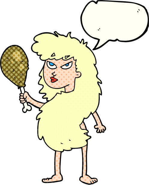freihändig gezeichnetes comicbuch sprechblase cartoon höhlenfrau mit fleisch - verrückte dame mit schwein stock-grafiken, -clipart, -cartoons und -symbole