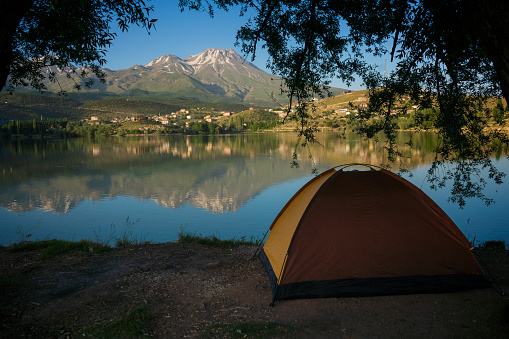 mountain landscape reflected in the lake in a tent, Mount Hasan