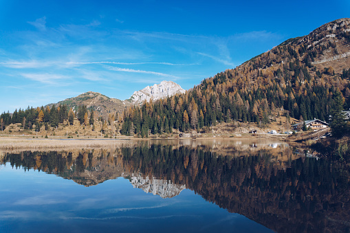 Nassfeld, in Carinthia, South of Austria. Scenic autumn panorama in the Austrian Alps. This lake is at the Italian border.