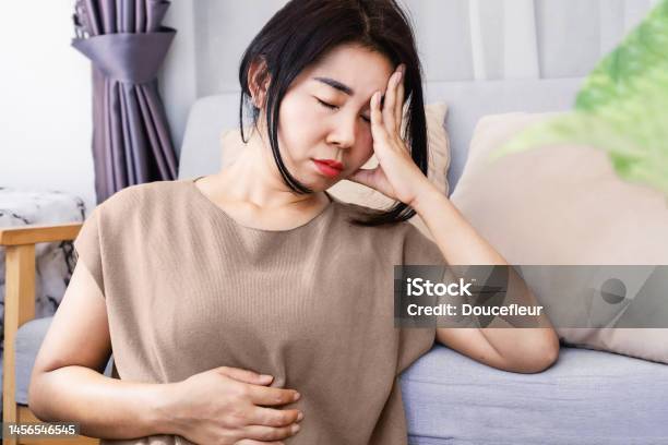 Gutbrain Axis And Anxiety Conceptasian Women Have Problems With Digestion Systems Stomachache Irritable Bowel Syndrome Stock Photo - Download Image Now