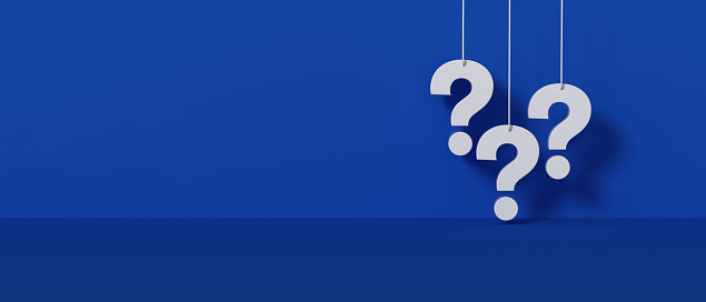 Three white question marks a blue wall panoramic background. 3D rendering.