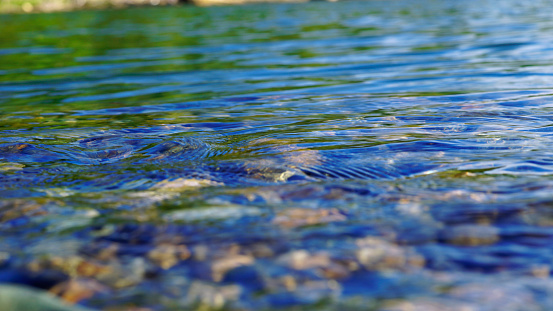 clear water surface with the reflection of a bright blue sky