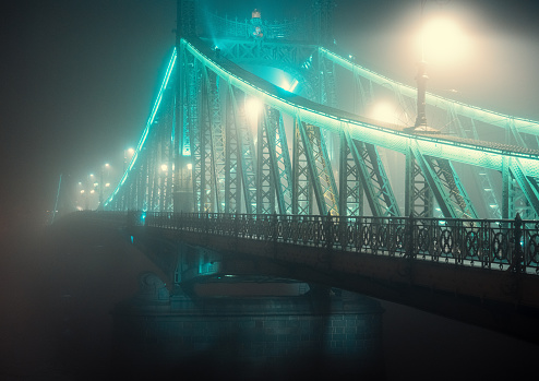 Foggy evening at the famous Liberty Bridge, Budapest, Hungary
