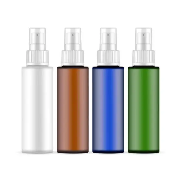 Vector illustration of Plastic Spray Bottles, White, Amber, Blue, Green, Isolated in White Background