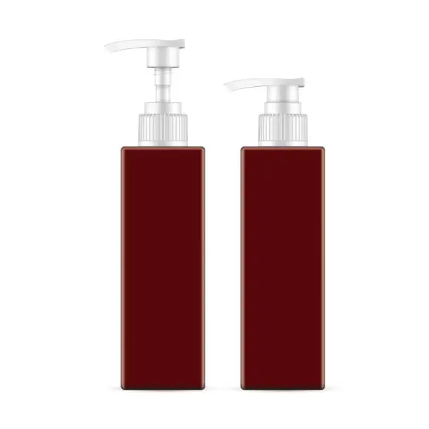 Vector illustration of Brown Plastic Bottle for Shower Gel or Body Lotion, Opened and Closed Pump Cap