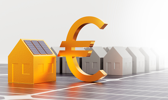 golden house model with Solar panels on the roof and The euro currency symbol put on the solar panel surface. sustainable energy concept, save money, wealth, and reduce global warming.3D render