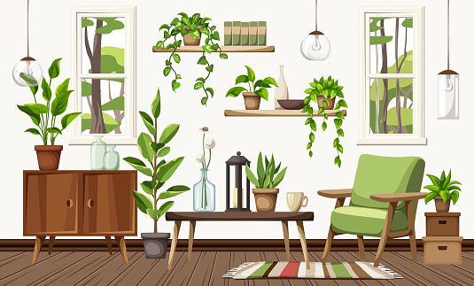 Cozy living room interior with an armchair, a dresser, two windows, and plenty of houseplants. Scandinavian interior design. Urban jungle interior. Cartoon vector illustration