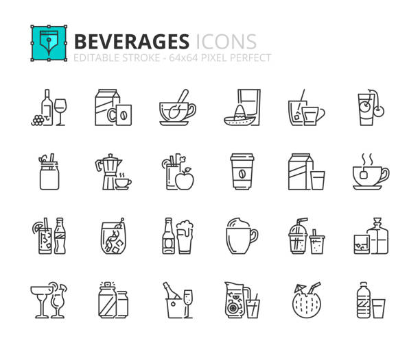 Outline icons about beverages Outline icons about beverages. Drinks. Editable stroke. 64x64 pixel perfect. shot apple stock illustrations