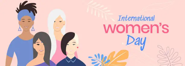 Vector illustration of Women different ethnicity and hairstyle Celebration International Women's Day. Solidarity People and Women s Rights Concept.