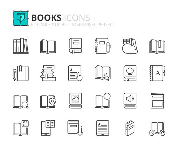 illustrazioni stock, clip art, cartoni animati e icone di tendenza di semplice set di icone di contorno sui libri. - address book immagine