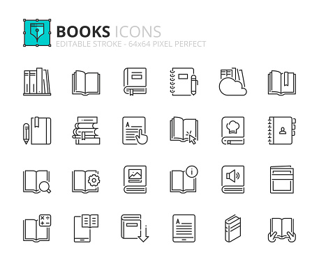 Outline icons about books. Contains such icons as ereader, reading, library, ebook, notebook, magazine, audiobook and guides. Editable stroke Vector 64x64 pixel perfect