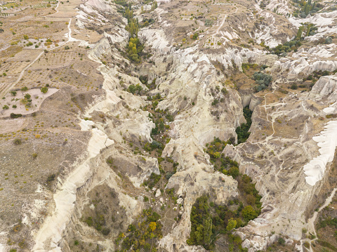 Aerial view of Cappadocia in Nevşehir, Türkiye. Taken via drone.