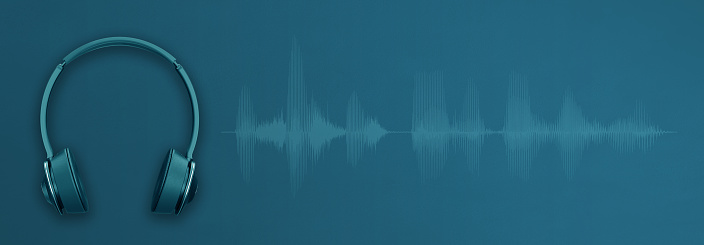 radio broadcast, asmr, listening music or Podcast website banner design with headphones, audio waveform, copy space for text on blue background.