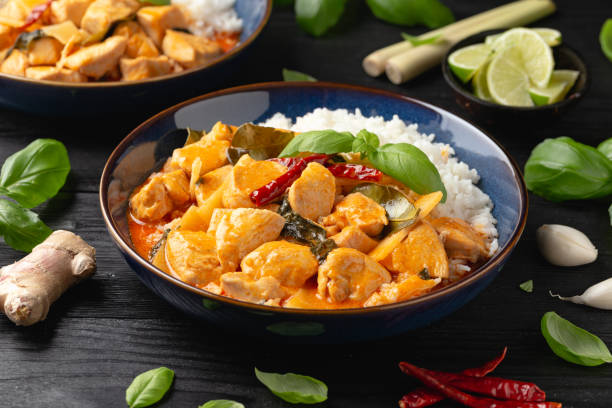 istock Thai red curry with chicken, vegetables and rice 1456552199