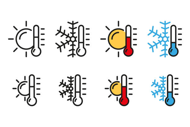 ilustrações, clipart, desenhos animados e ícones de termômetro com ícones do conjunto de sol e floco de neve - sending out mixed signals