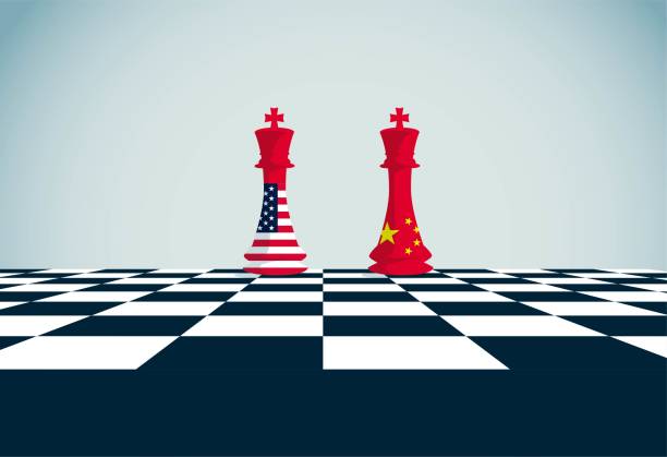 amerika und china auf dem schachbrett - chess pawn red blue leisure games stock-grafiken, -clipart, -cartoons und -symbole