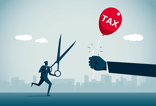 Man with scissors cuts tax balloons, he relieves financial stress for himself, This is a set of business illustrations
