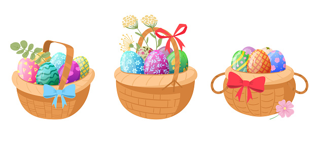 Cartoon easter eggs baskets. Painted easter eggs in wicker baskets, spring holiday celebration basket flat vector illustration set on white background