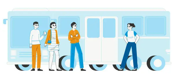 Vector illustration of City bus passengers. Public bus station, people waiting bus at public transport staton flat vector illustration on white background