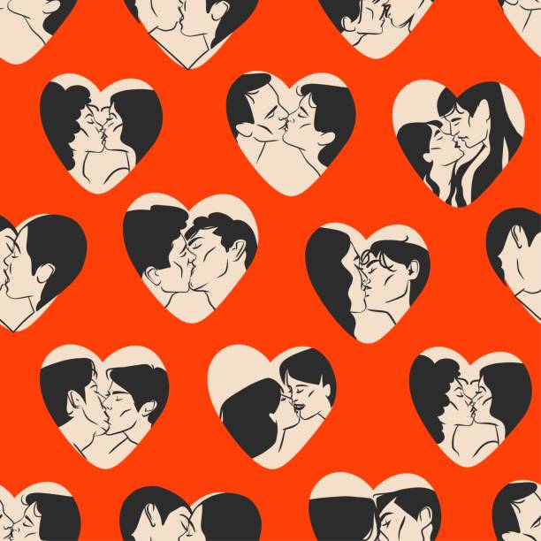 ilustrações, clipart, desenhos animados e ícones de ilustração gráfica abstrata vetorial desenhada à mão dia dos namorados, desenhando casais beijando padrão sem costura em corações. amo casal se beijando junto. valentines lgbt conceito de design. conceito de casal lgpt. - bi sexual illustrations