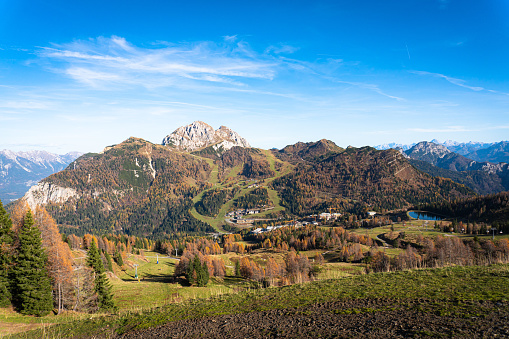Nassfeld, Gartnerkofel and Kammleiten mountains in Carinthia, South of Austria. Scenic autumn panorama in the Austrian Alps.