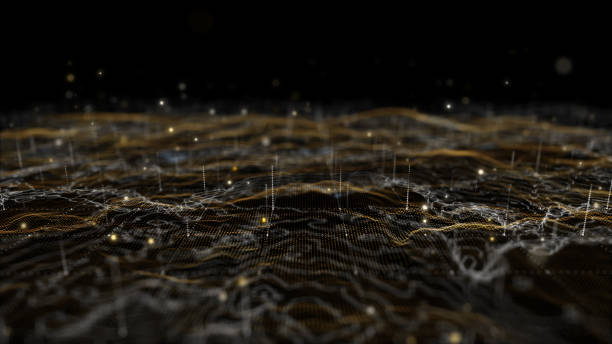 istock Futuristic flight through a digital line landscape, Brown dust particle ,abstract background. 3D Rendering. 1456558014