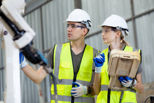 istock Engineer man and woman talking and explaining about robot arms technology intelligence and innovation at factory, development machine, people using remote control with machine, industry concept. 1456558735