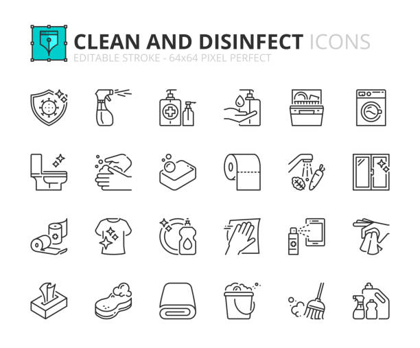 illustrations, cliparts, dessins animés et icônes de ensemble simple d’icônes de contour sur nettoyer et désinfecter. - antibacterial washing hands washing hygiene