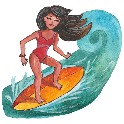 vector watercolor illustration girl surfer riding a wave