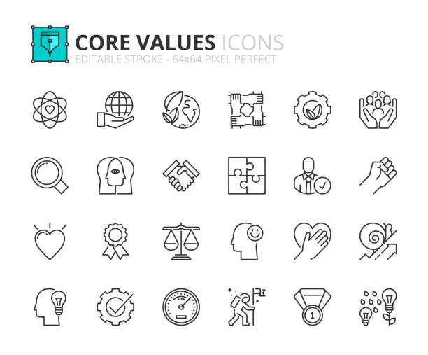 illustrazioni stock, clip art, cartoni animati e icone di tendenza di semplice set di icone di contorno sui valori fondamentali. concetti di business - valori