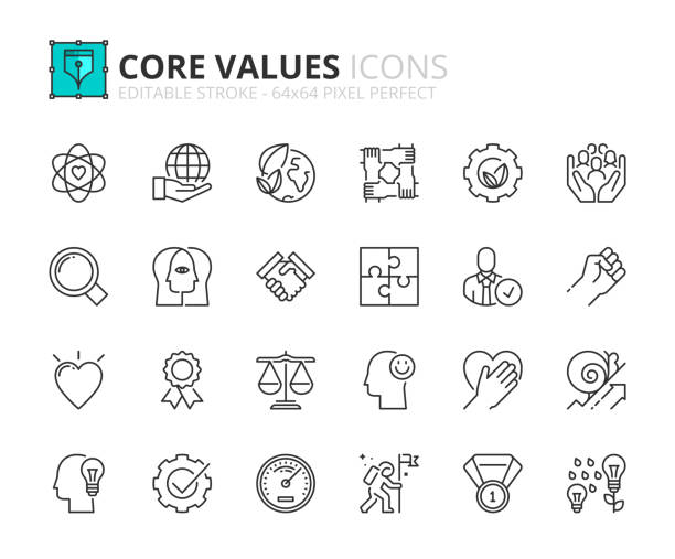 Simple set of outline icons about core values. Business concepts Outline icons about core values. Business concepts. Contains such icons as personal, interaction, external and business-oriented values. Editable stroke Vector 64x64 pixel perfect morality stock illustrations