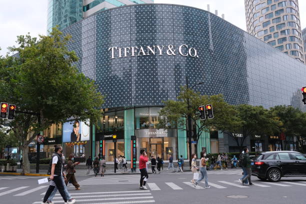 Shanghai,China-Oct.7th 2022: large Tiffany & Co. flagship store at Huaihai Road with many walking people