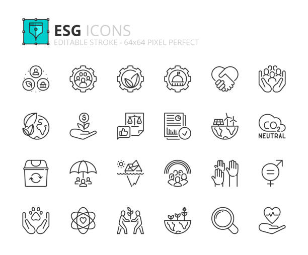 Simple set of outline icons about Environmental Social Governance. Line icons about Environmental Social Governance. Contains such icons as climate crisis, sustainable development, diversity, human rights and responsible investment. Editable stroke Vector 64x64 pixel perfect sustainable resources stock illustrations