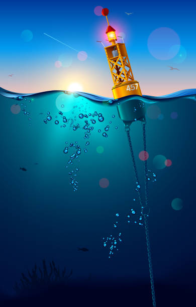 istock Sea buoy on water surface. Buoy is chained to the seabed. Marine landscape underwater. Deep blue ocean with clear cloudless sky, sun rays and horizon line. Nautical navigation floating baken. 1456563476