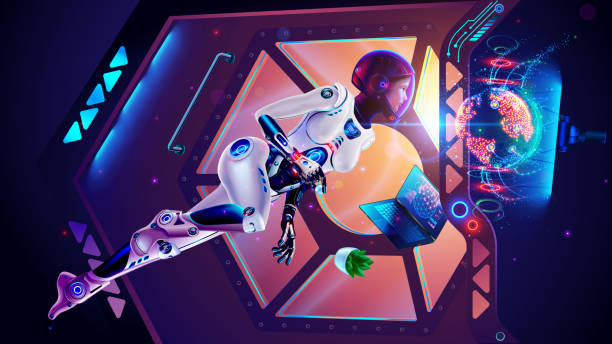 istock Female astronaut in spacesuit hovers in weightlessness inside spaceship against background of porthole. Woman cosmonaut works with control panel of space station. Hologram of Earth on virtual monitor. 1456563526
