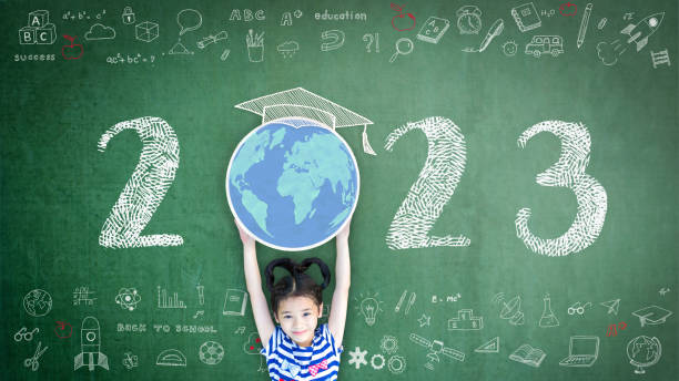 2023 new educational academic calendar year for school class with student kid raising world global planet on teacher's green chalkboard for back to school celebration, classroom schedule concept 2023 new educational academic calendar year for school class with student kid raising world global planet on teacher's green chalkboard for back to school celebration, classroom schedule concept World Student's Day stock pictures, royalty-free photos & images