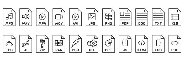 zestaw ikon konturu formatu pliku. plik dokumentu. ilustracja wektorowa - file stock illustrations