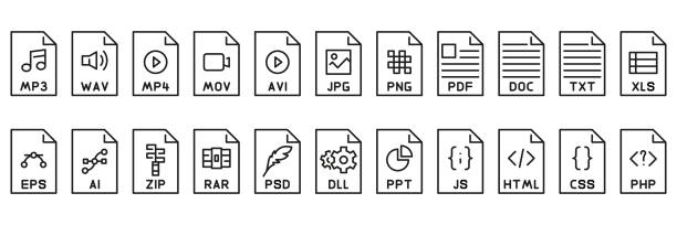 ilustrações, clipart, desenhos animados e ícones de conjunto de ícones de contorno de formato de arquivo. arquivo de documento. ilustração vetorial - symbol computer icon ring binder file