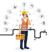 istock Plumber with toolbox and talking on mobile. Plumbing Design Concept. 1456567475