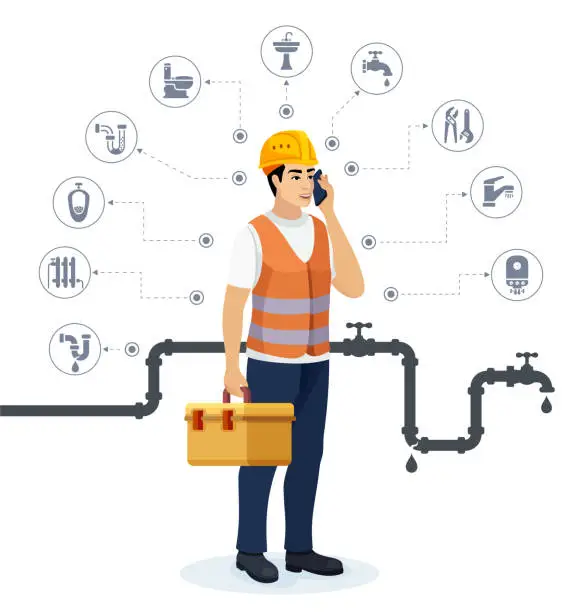 Vector illustration of Plumber with toolbox and talking on mobile. Plumbing Design Concept.